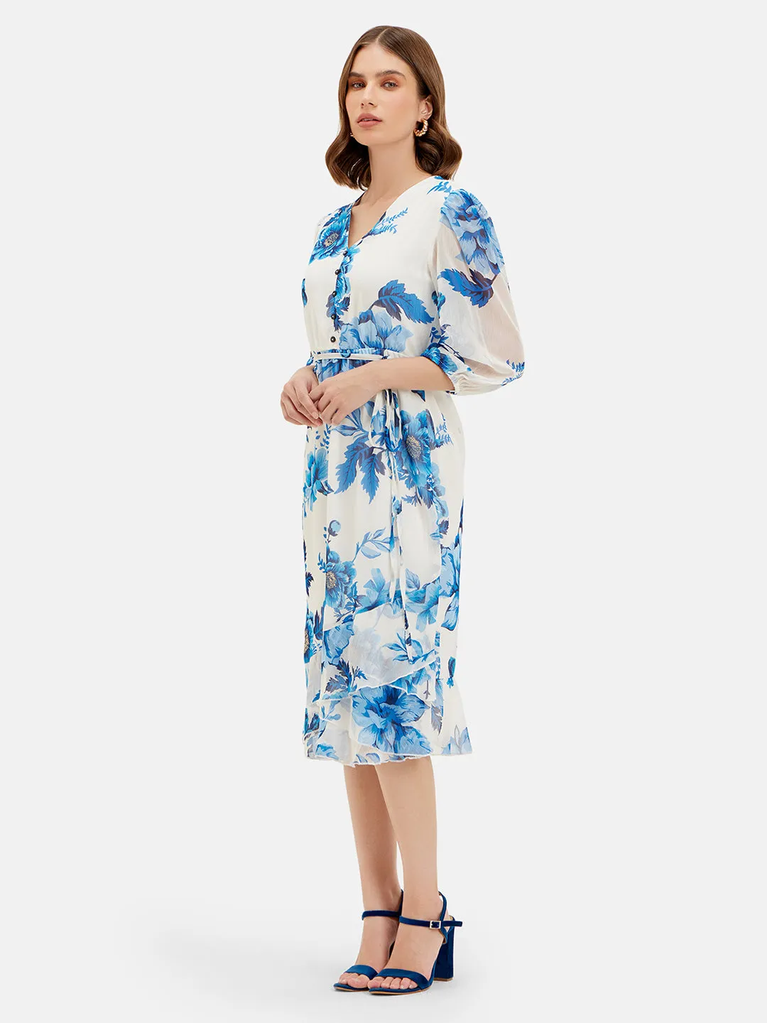 Printed Tie-Up Midi Dress