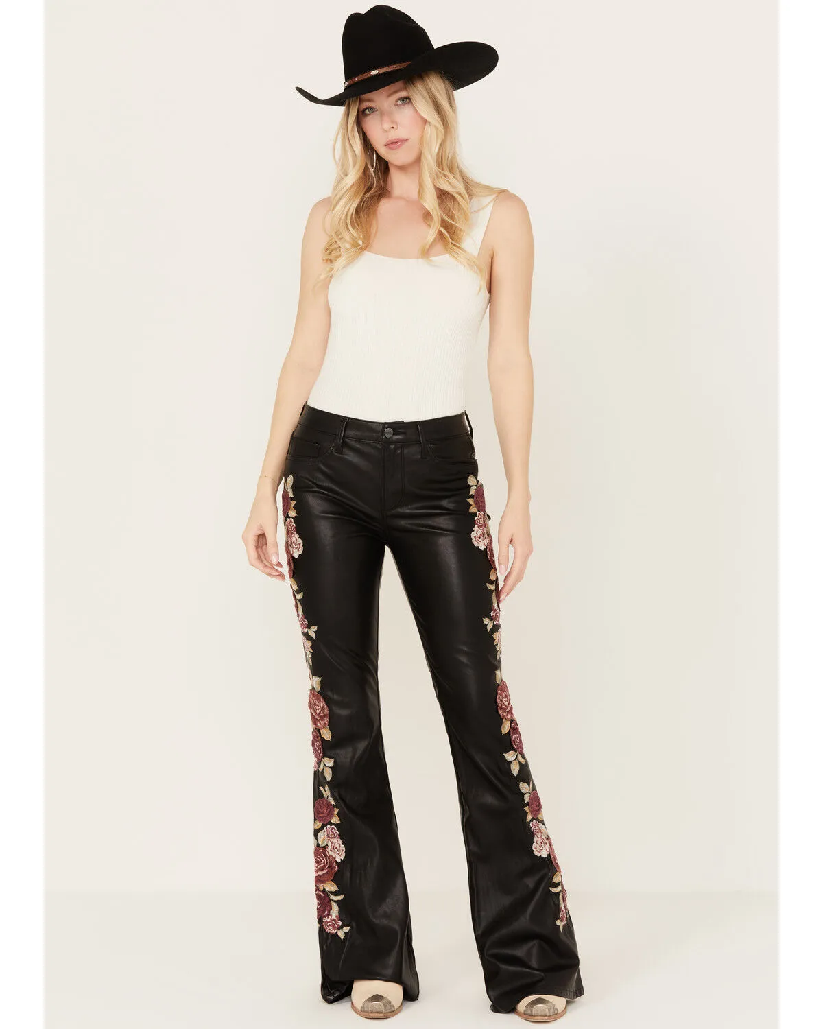 Driftwood Women's High Rise Vegan Leather Fallen Roses Flare Pants