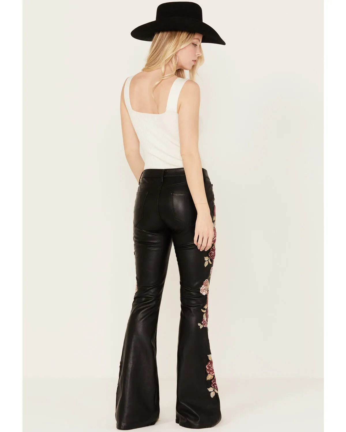 Driftwood Women's High Rise Vegan Leather Fallen Roses Flare Pants