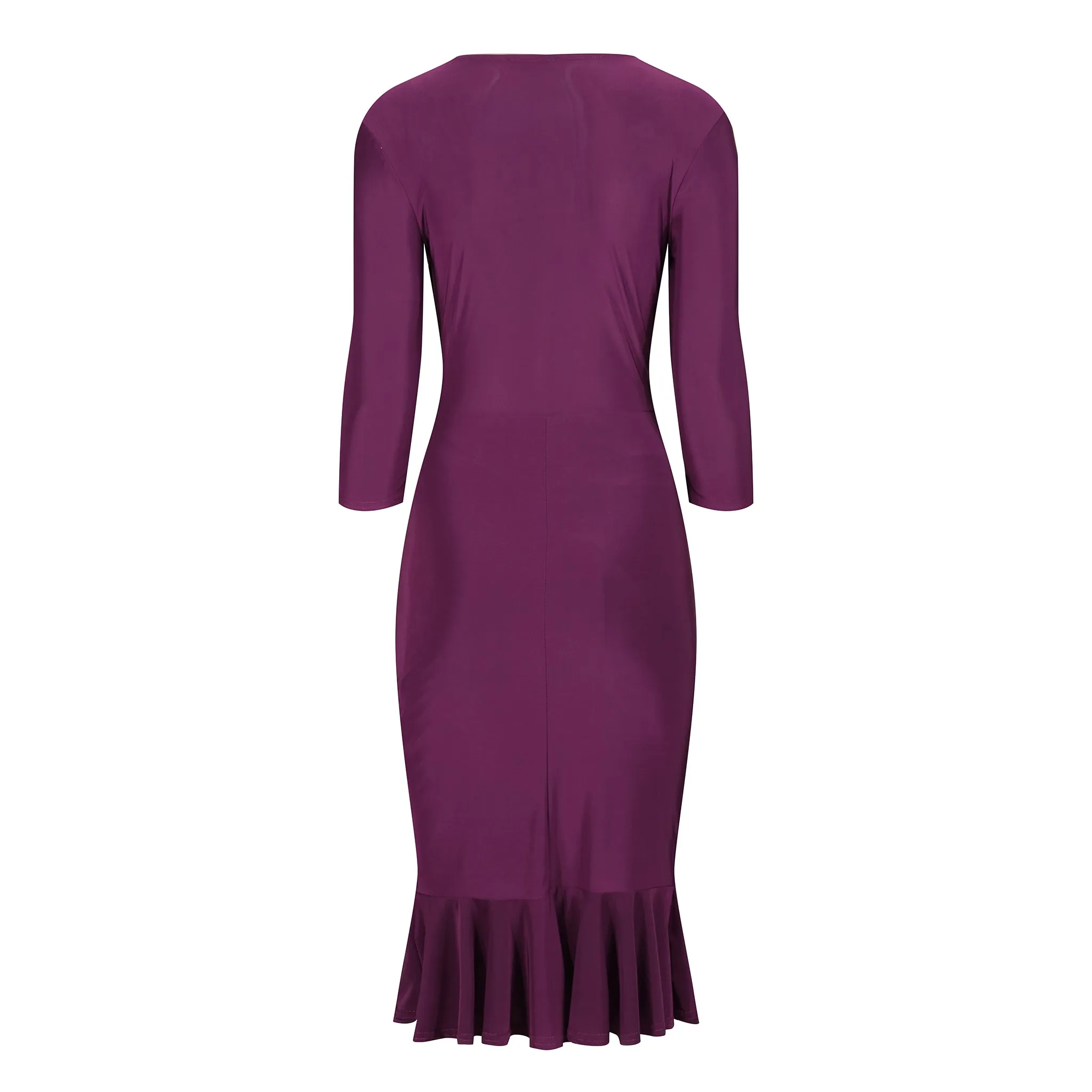 Plum Purple Cocktail Dress with Waterfall Peplum Hem, Wrap Effect, and 3/4 Sleeves