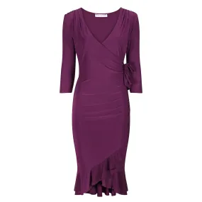 Plum Purple Cocktail Dress with Waterfall Peplum Hem, Wrap Effect, and 3/4 Sleeves