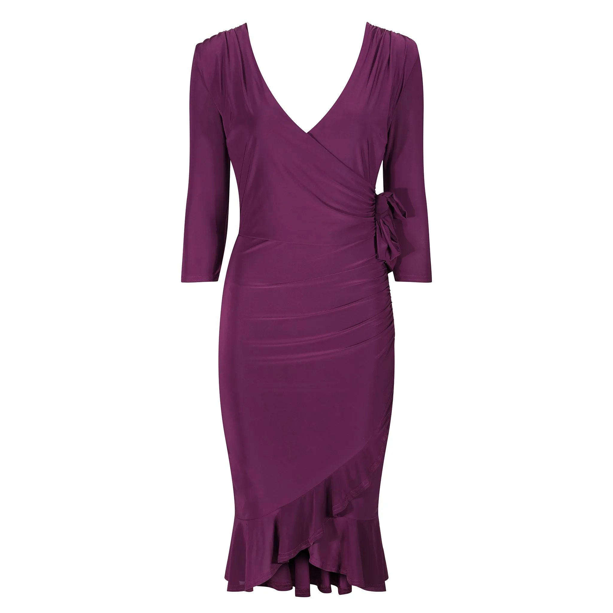 Plum Purple Cocktail Dress with Waterfall Peplum Hem, Wrap Effect, and 3/4 Sleeves