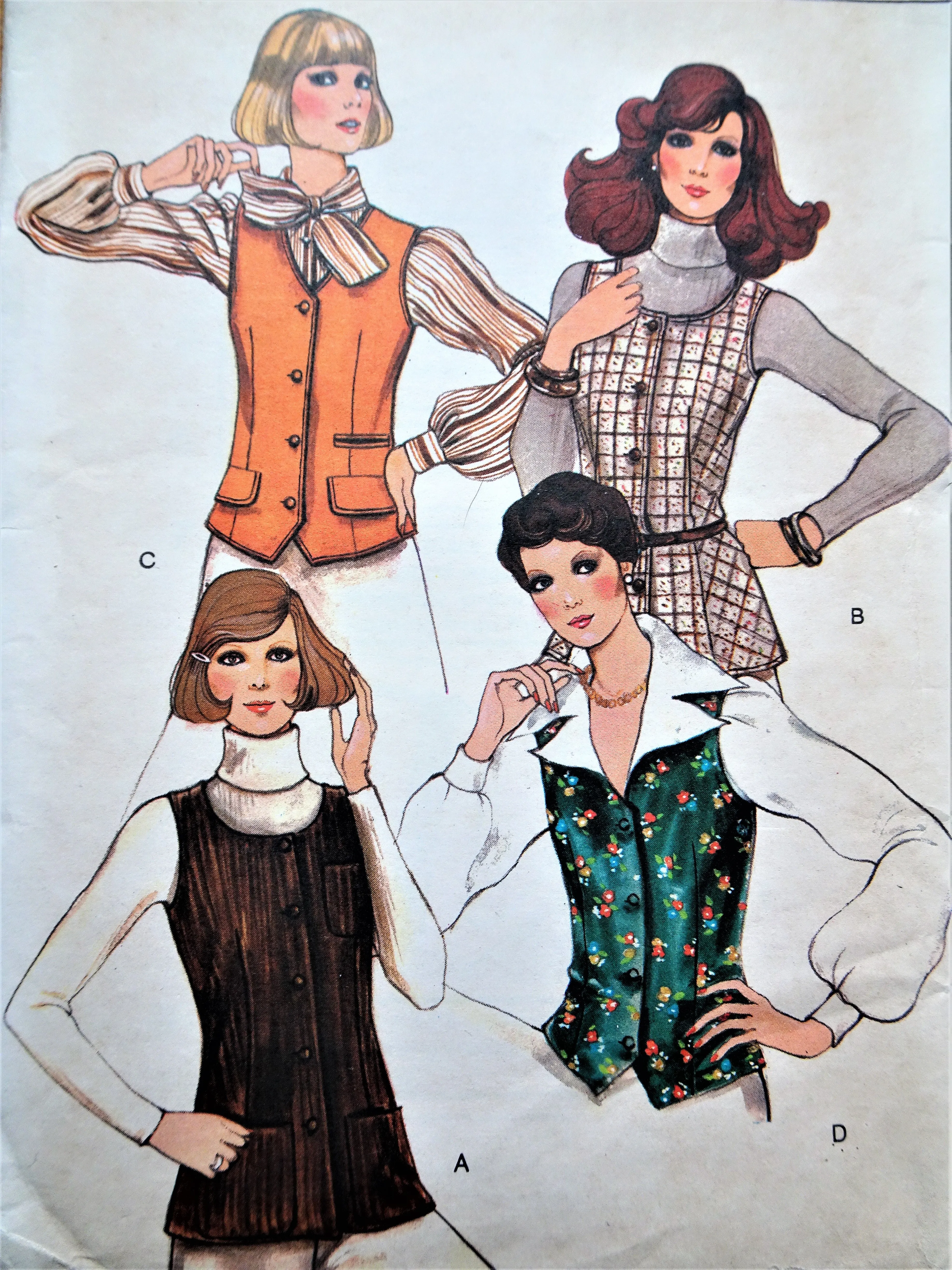 RETRO 70s Vogue 8968 Vests Sewing Pattern Four Designs UNCUT