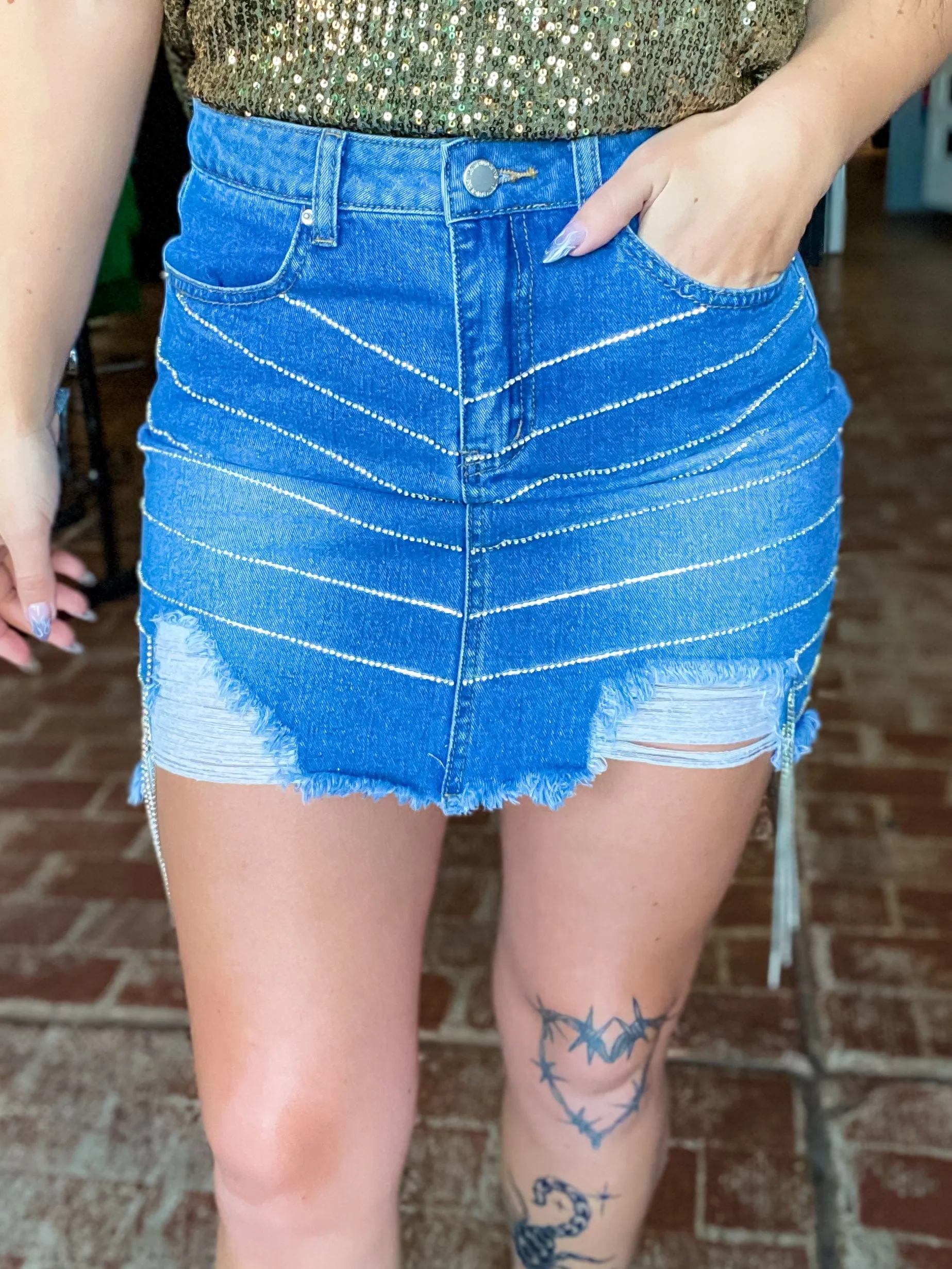 Rhinestone Fringe Mini Skirt in Mid Denim