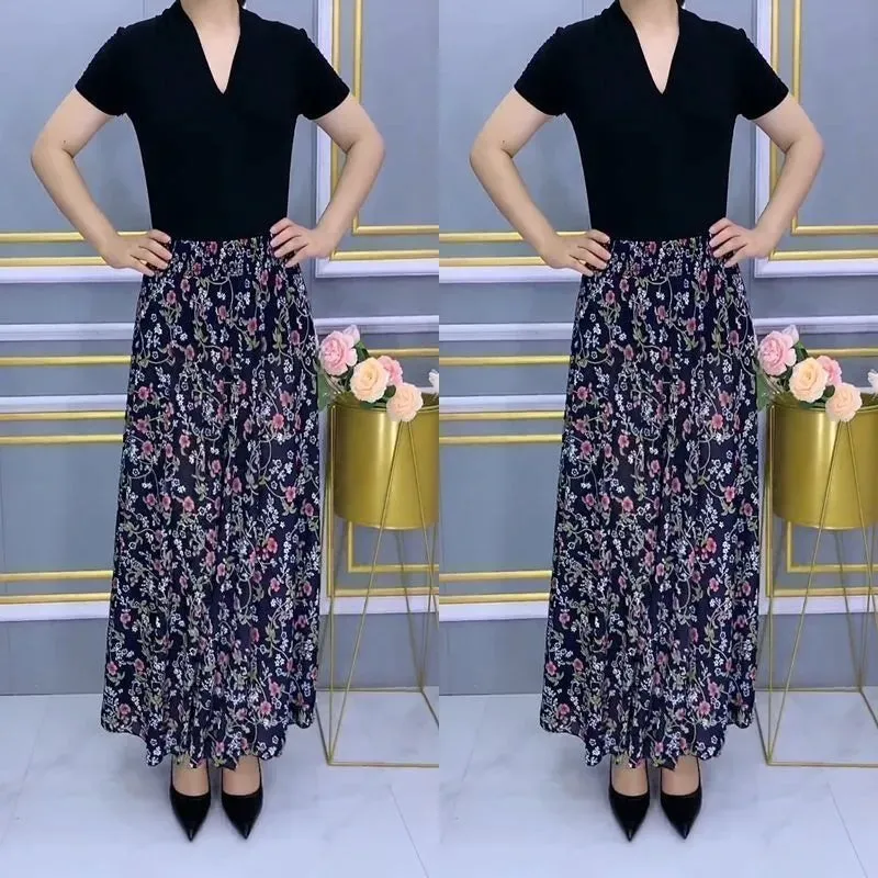 Long Pleated High Waist Elastic Skirt