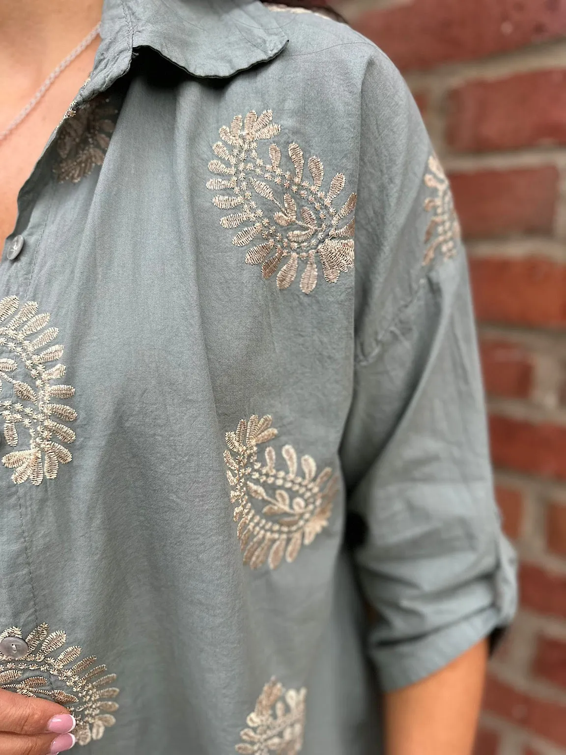 Khaki Gold Shimmer Crochet Olivia Shirt