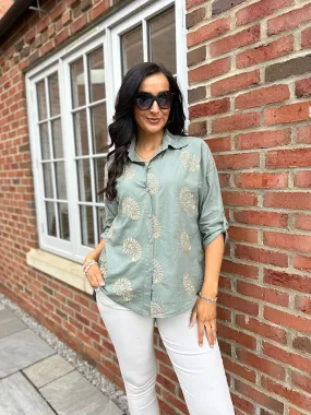 Khaki Gold Shimmer Crochet Olivia Shirt