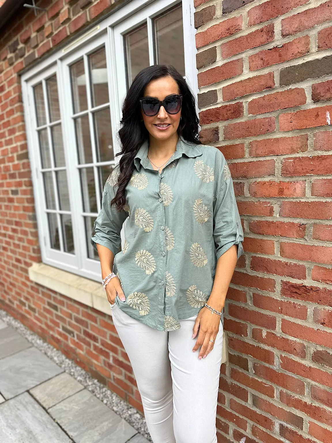 Khaki Gold Shimmer Crochet Olivia Shirt