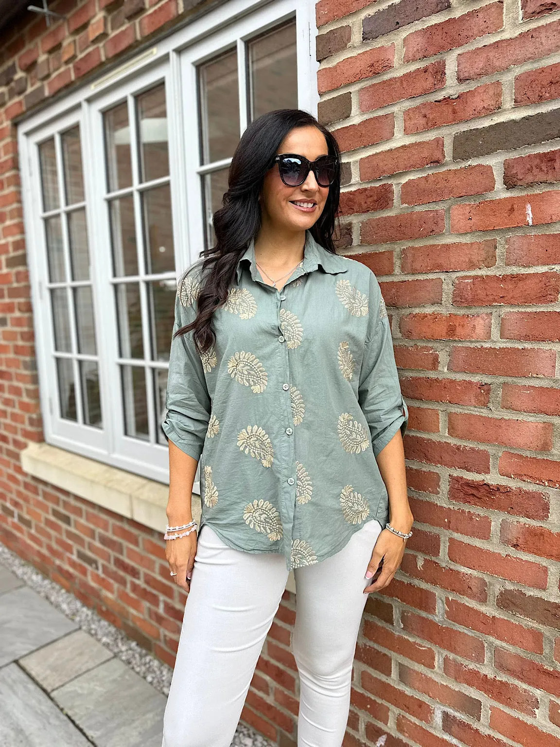 Khaki Gold Shimmer Crochet Olivia Shirt