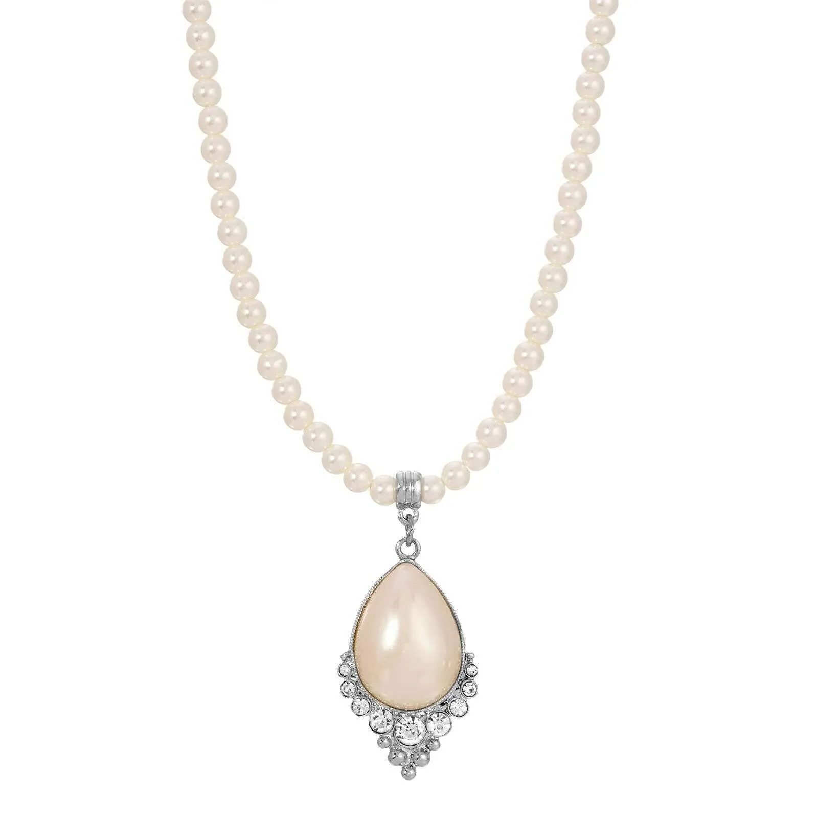 Teardrop Faux Pearl Crystal Accent Strand Pendant Necklace