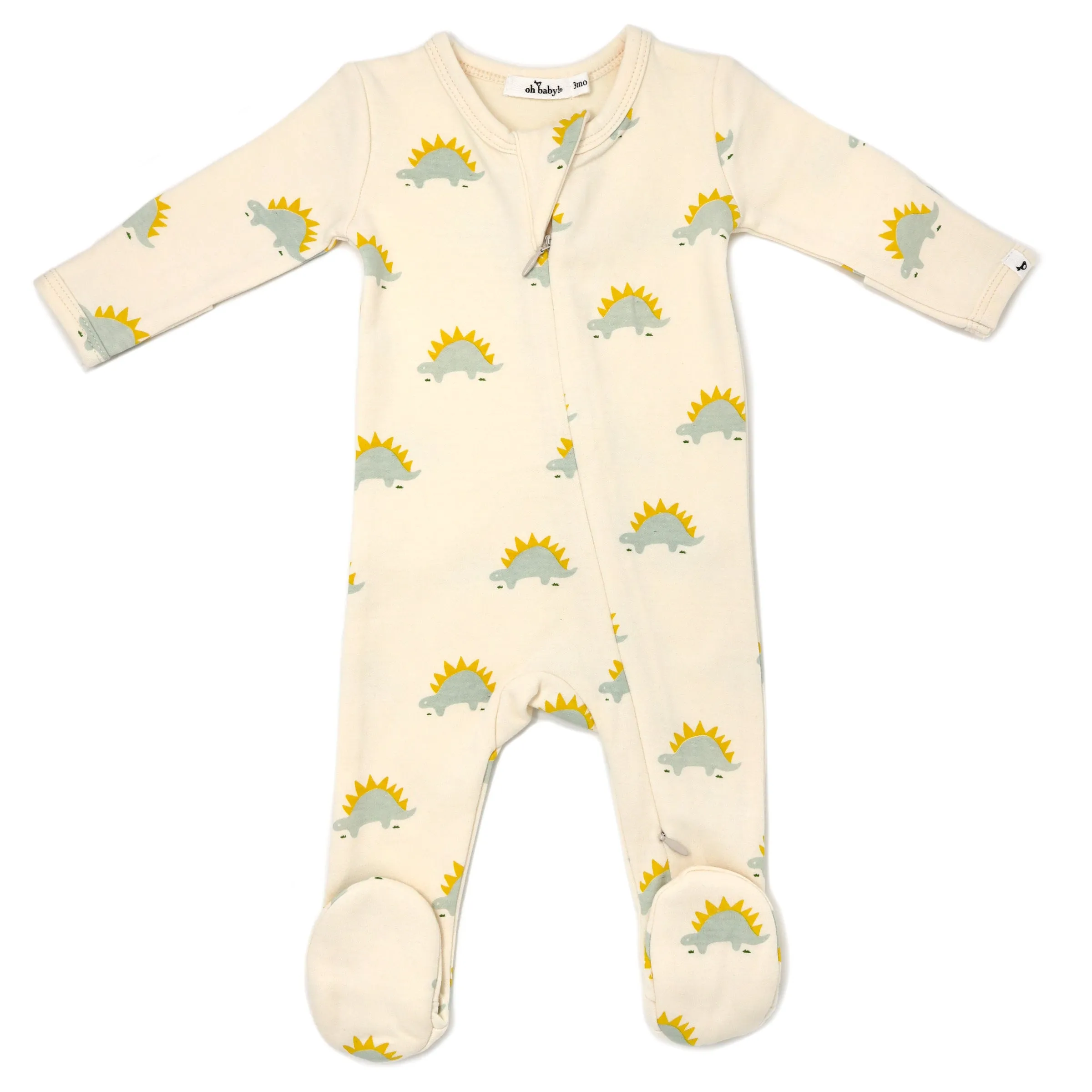 Mist Stegosaurus Print Baby Rib Zipper Footie in Vanilla