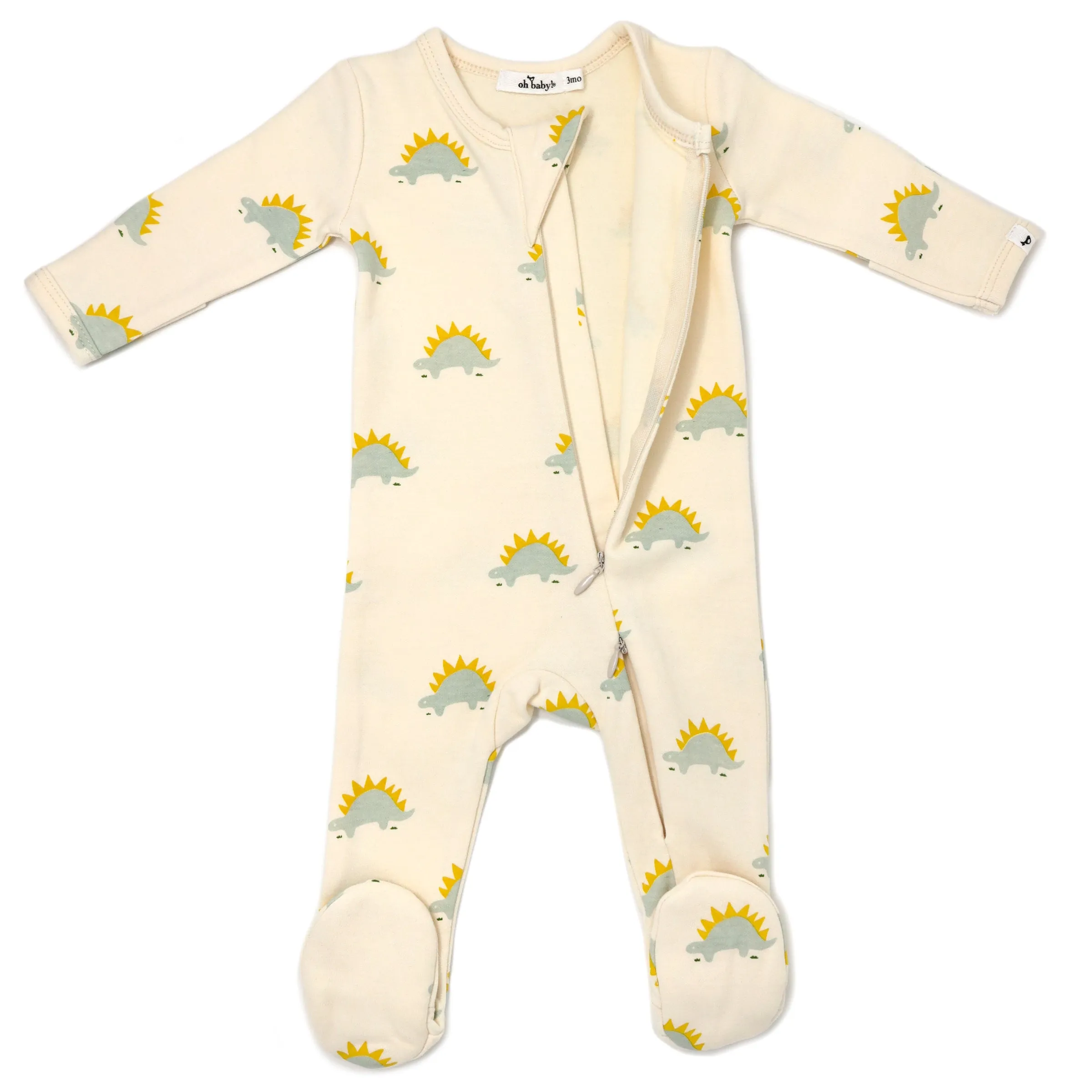 Mist Stegosaurus Print Baby Rib Zipper Footie in Vanilla