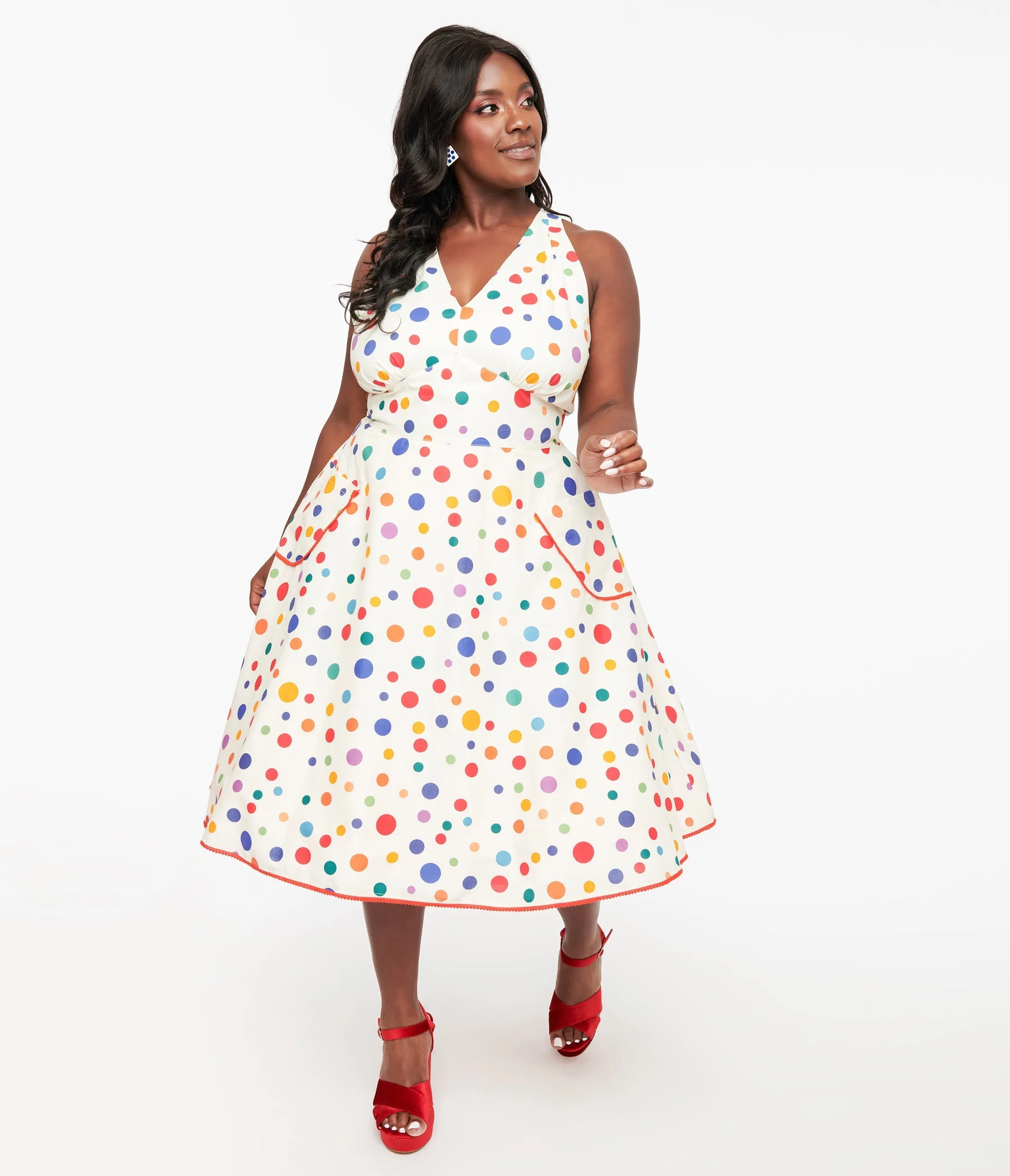 Plus Size Rainbow Polka Dot Halter Swing Dress