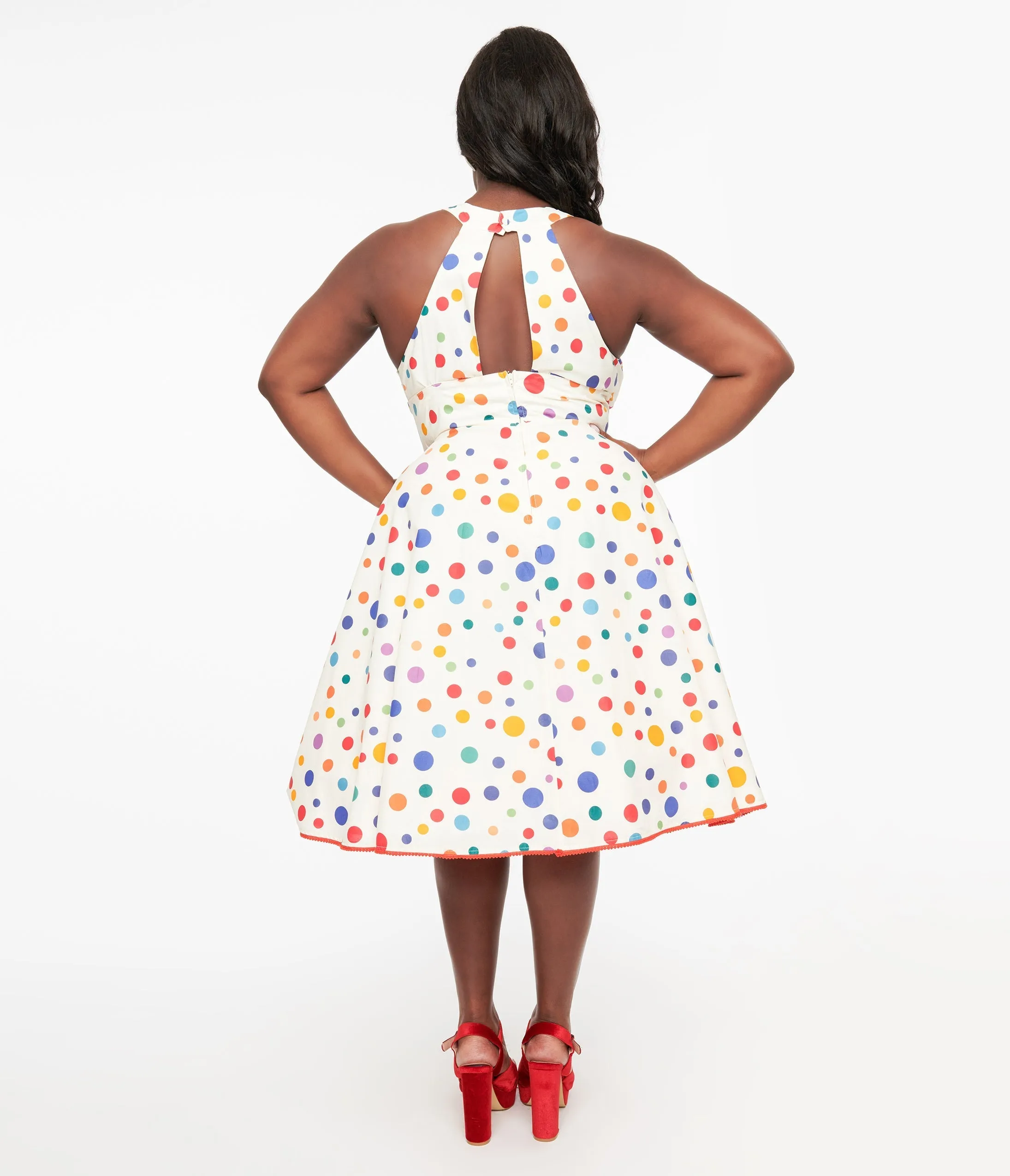 Plus Size Rainbow Polka Dot Halter Swing Dress