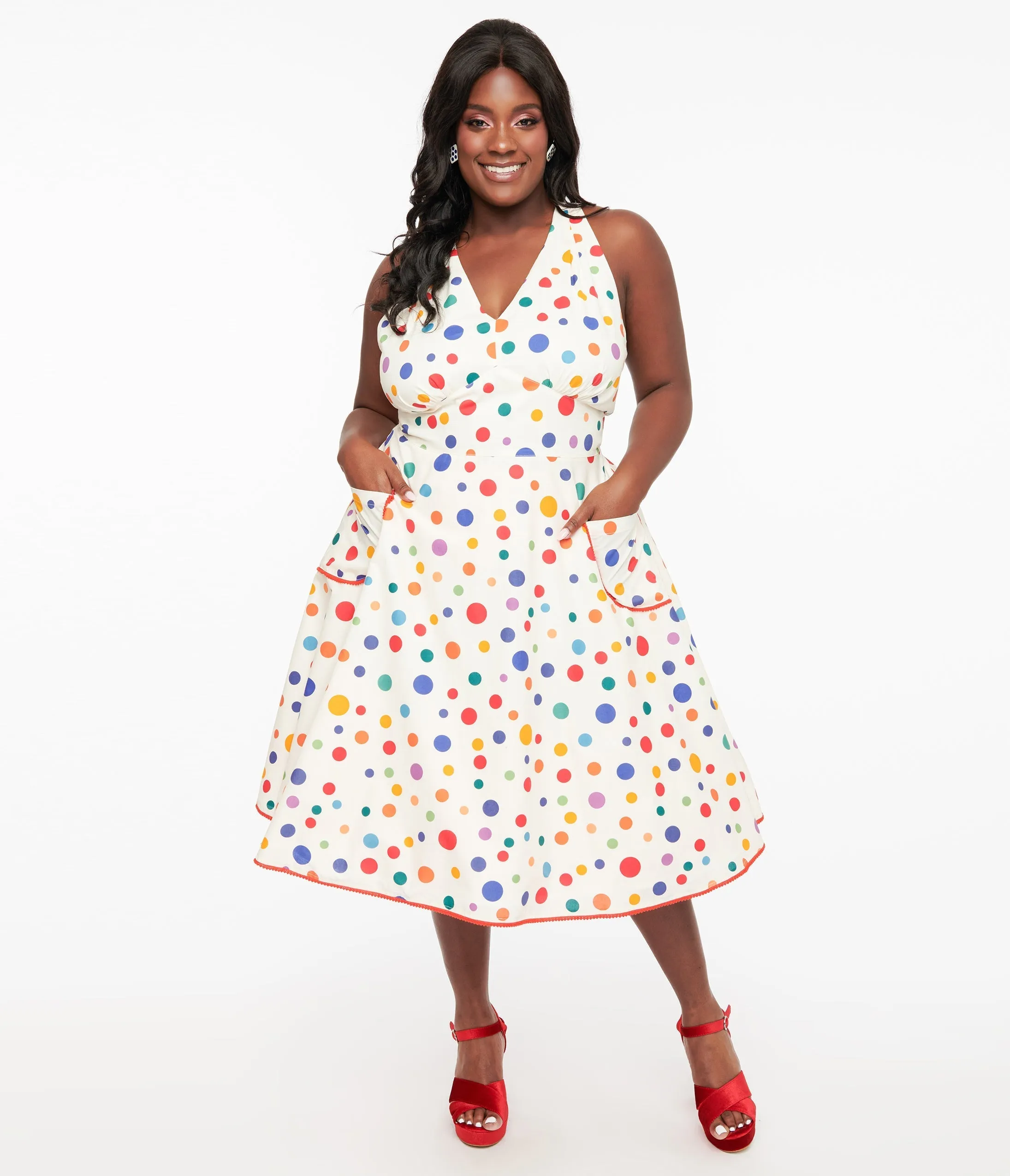 Plus Size Rainbow Polka Dot Halter Swing Dress