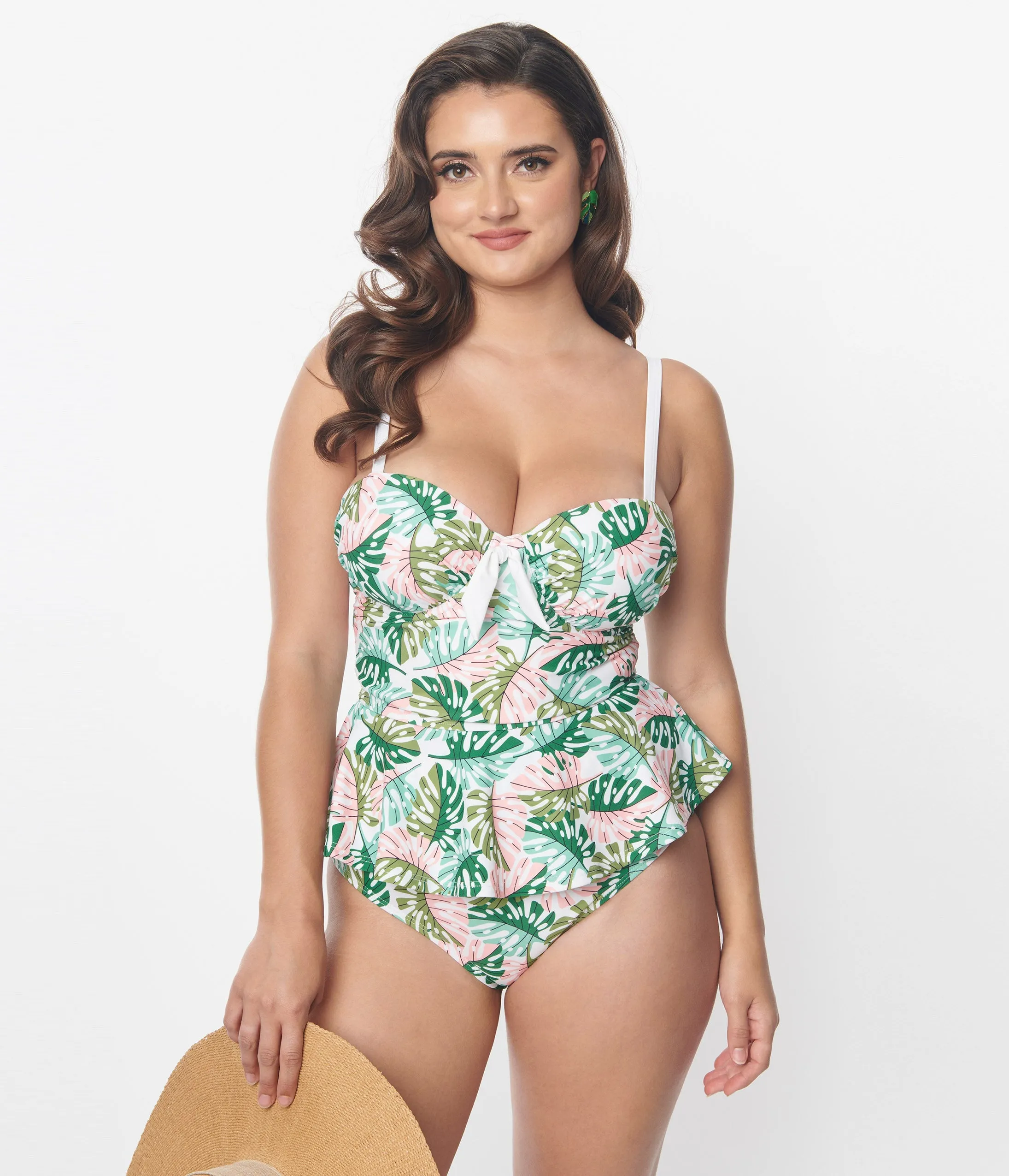 Unique Vintage Green & Pink Monstera Leaf Solana Tankini Swim Top