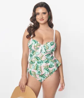 Unique Vintage Green & Pink Monstera Leaf Solana Tankini Swim Top