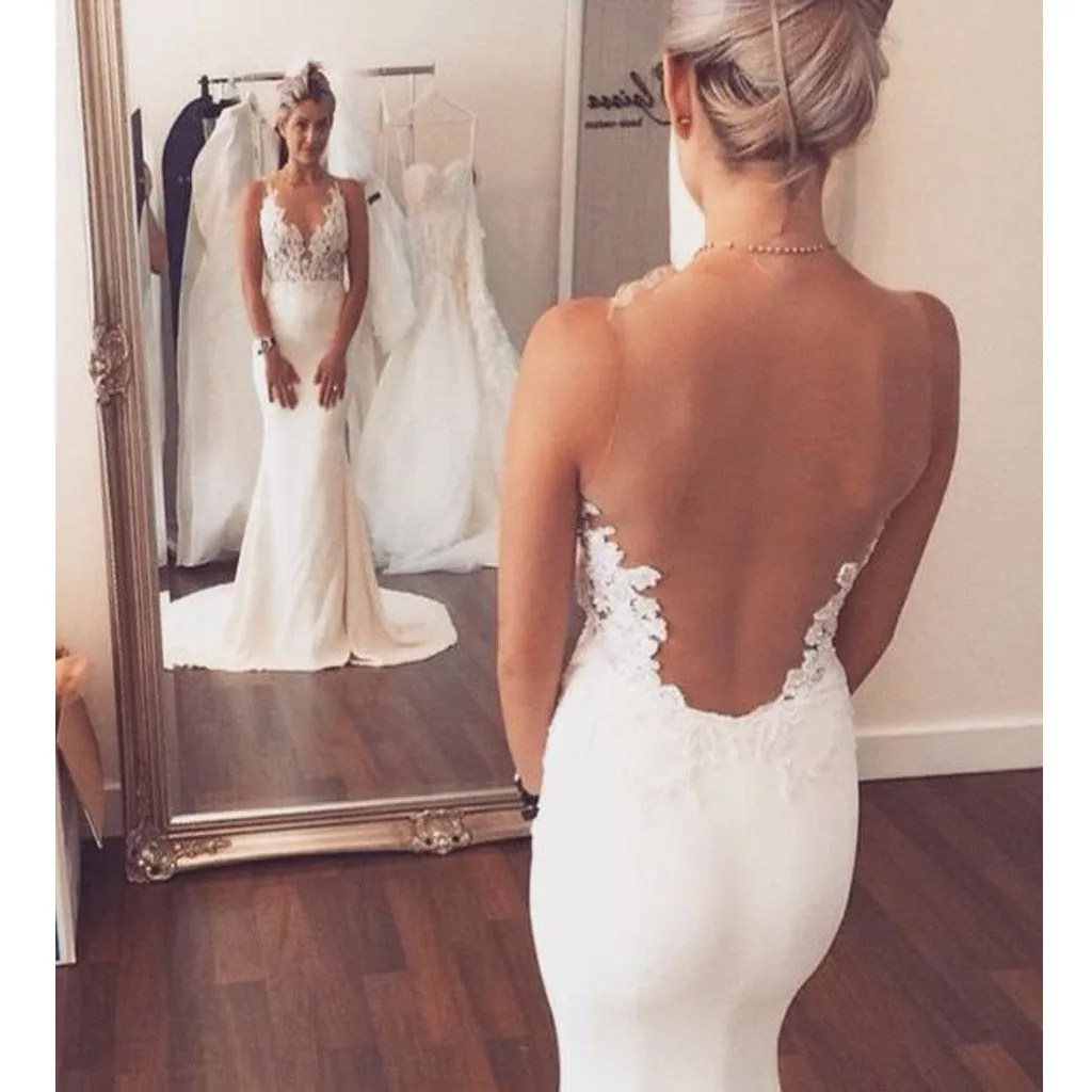 Lace Mermaid V-neck Open Back Beach Wedding Dress