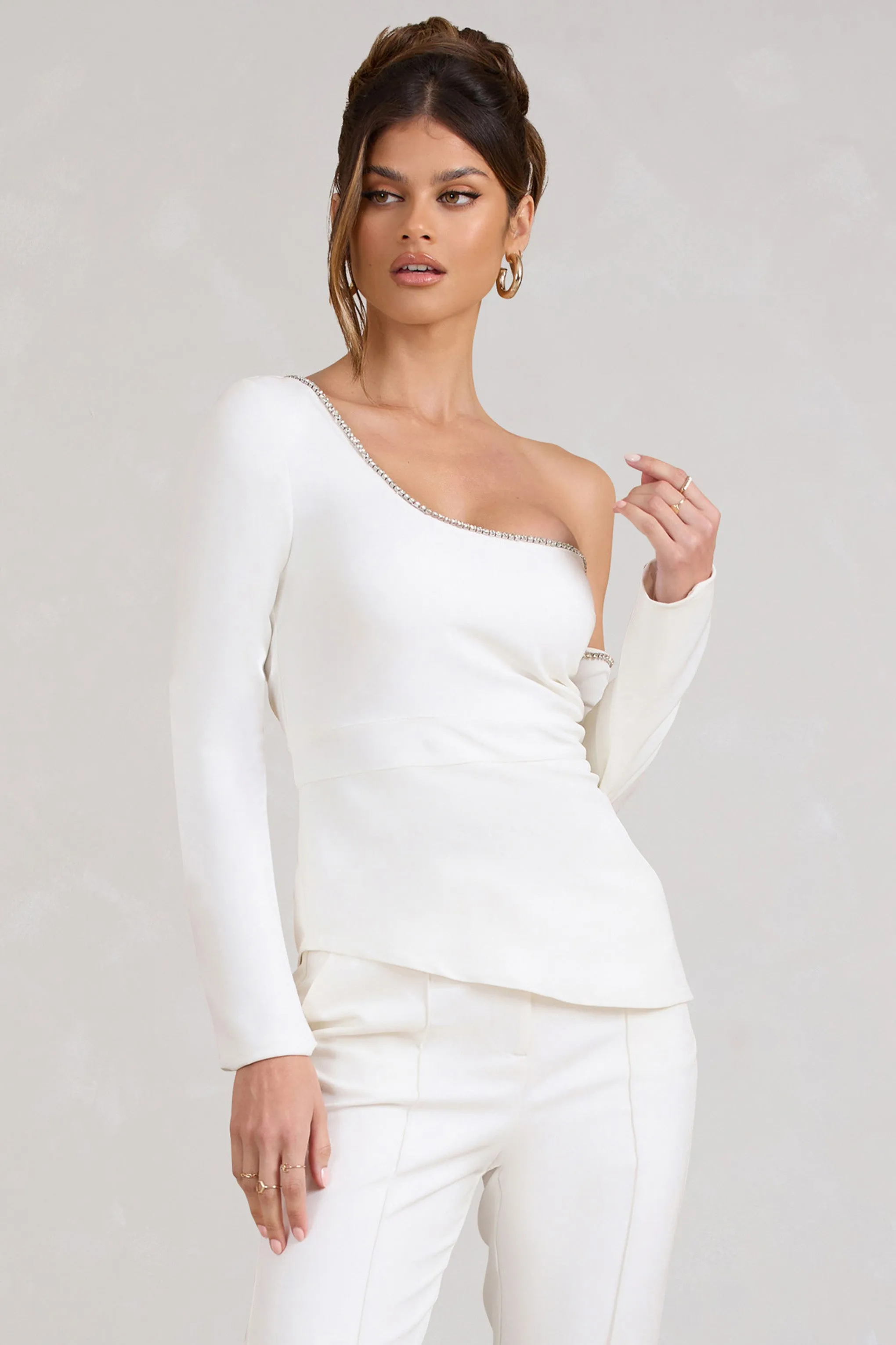 White Asymmetric Top With Diamante Trim