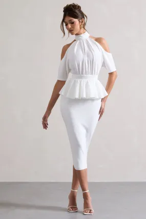 White High-Neck Cut-Out Midi Dress With Peplum Waist