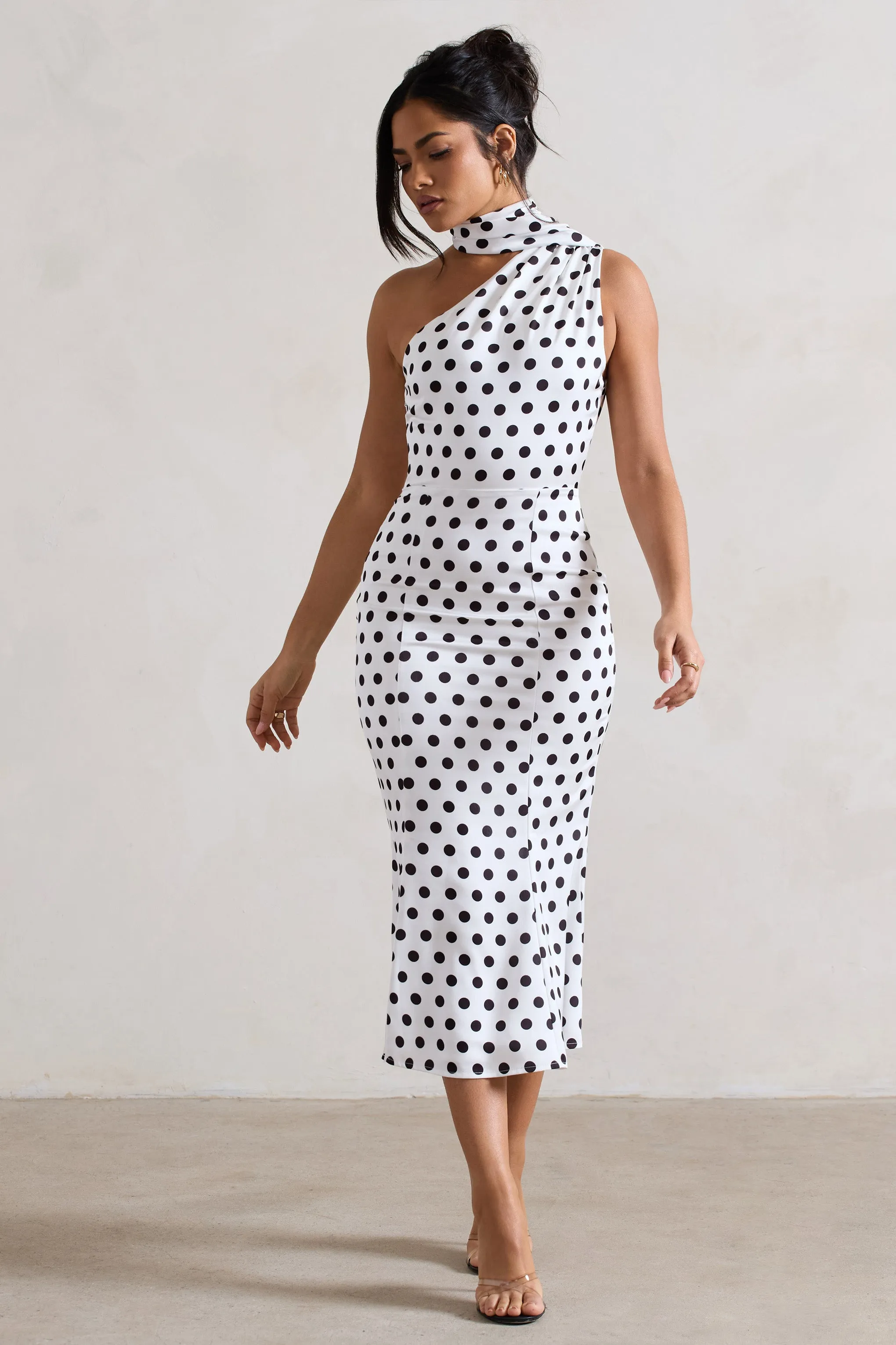 White Polka Dot One Shoulder High-Neck Flared Midi Dress