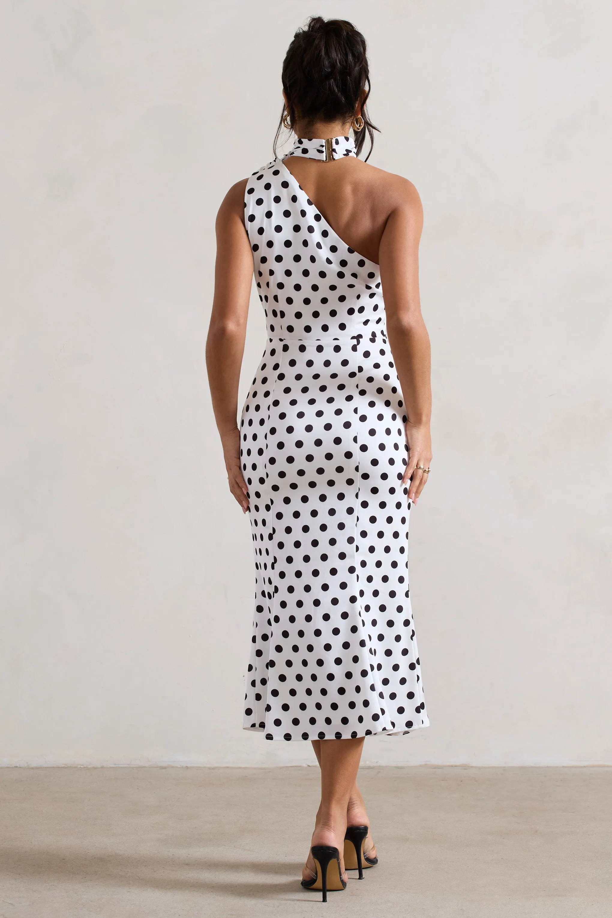 White Polka Dot One Shoulder High-Neck Flared Midi Dress