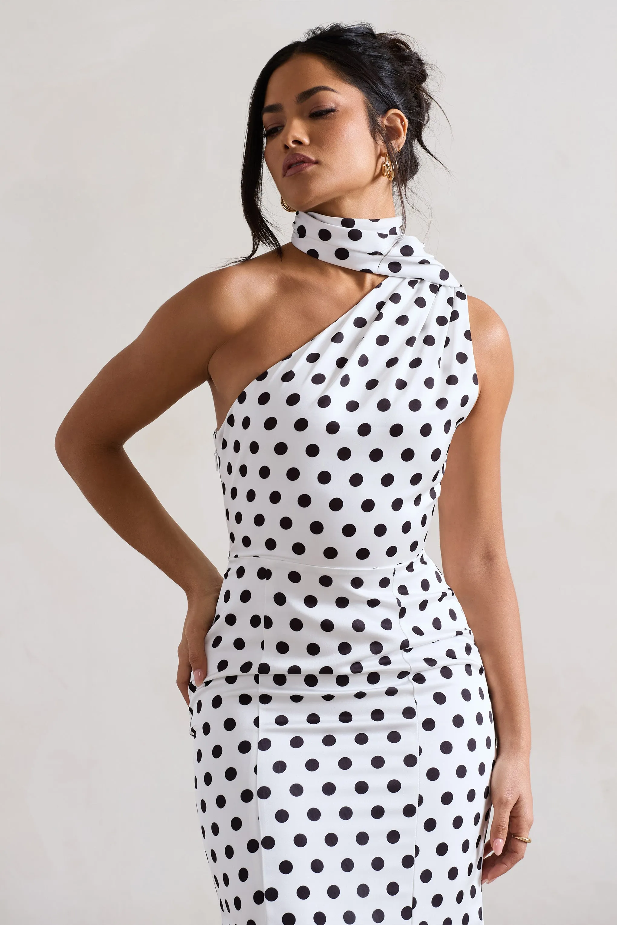 White Polka Dot One Shoulder High-Neck Flared Midi Dress