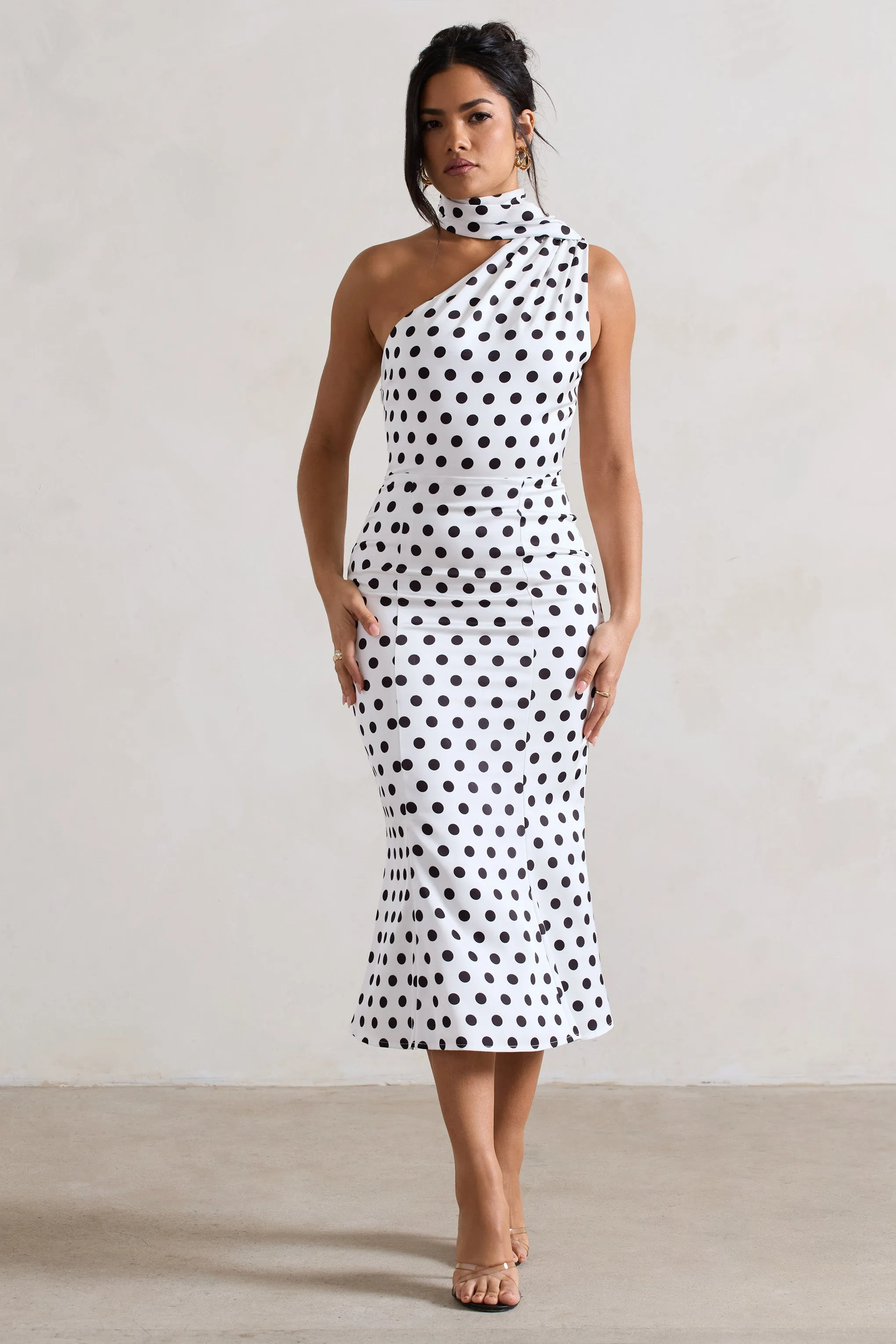 White Polka Dot One Shoulder High-Neck Flared Midi Dress