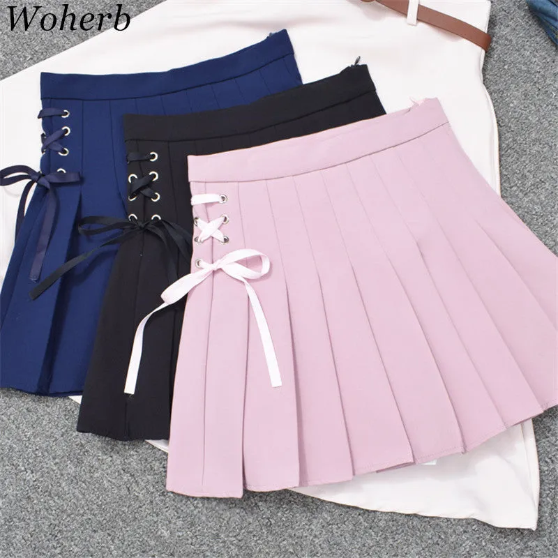 Woherb New Fashion Pleated Skirt Short Mini Skirts Women Sexy High Waist Bow Tie Skirt Pants Student Style 72737 GS