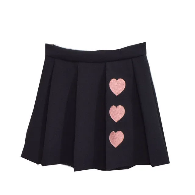 Woherb Preppy Style Pleated Mini Skirt Sweet High Waist Pure Color Heart Embroidery SM6