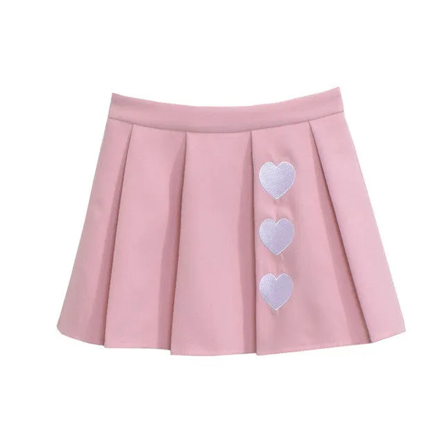 Woherb Preppy Style Pleated Mini Skirt Sweet High Waist Pure Color Heart Embroidery SM6