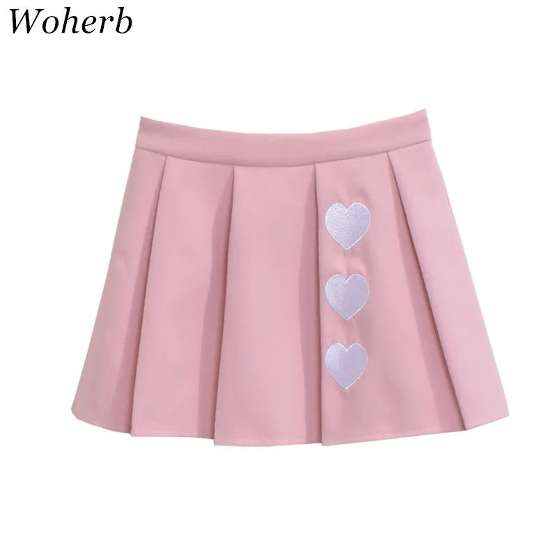 Woherb Preppy Style Pleated Mini Skirt Sweet High Waist Pure Color Heart Embroidery SM6