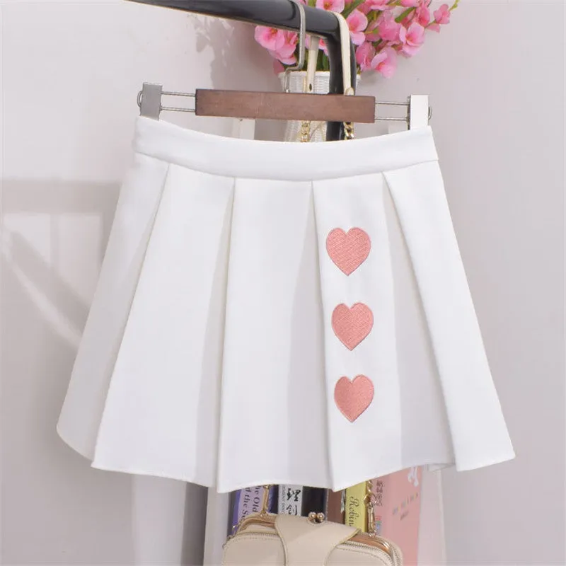 Woherb Preppy Style Pleated Mini Skirt Sweet High Waist Pure Color Heart Embroidery SM6