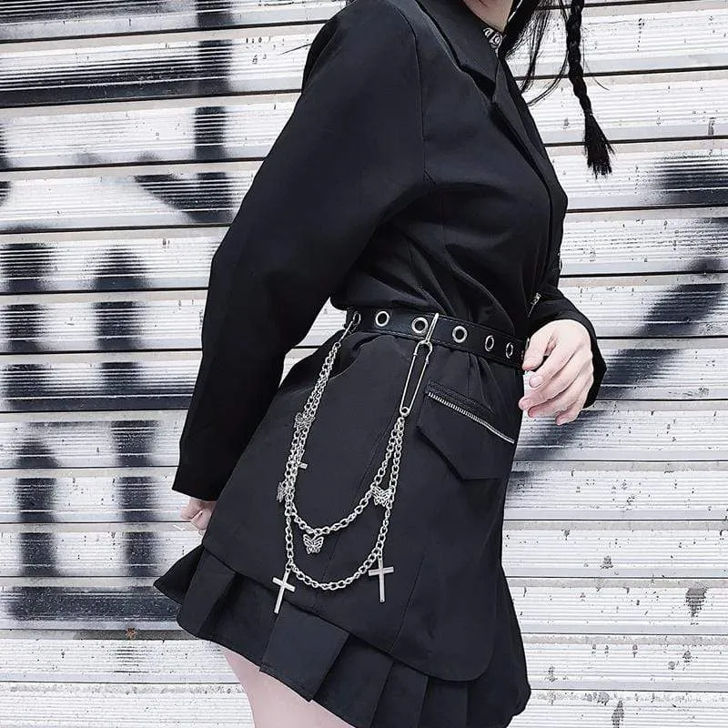 Women's Gothic Zipper Jacket with Chain Belt in Solid Color