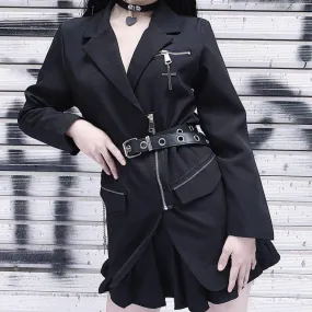 Women's Gothic Zipper Jacket with Chain Belt in Solid Color