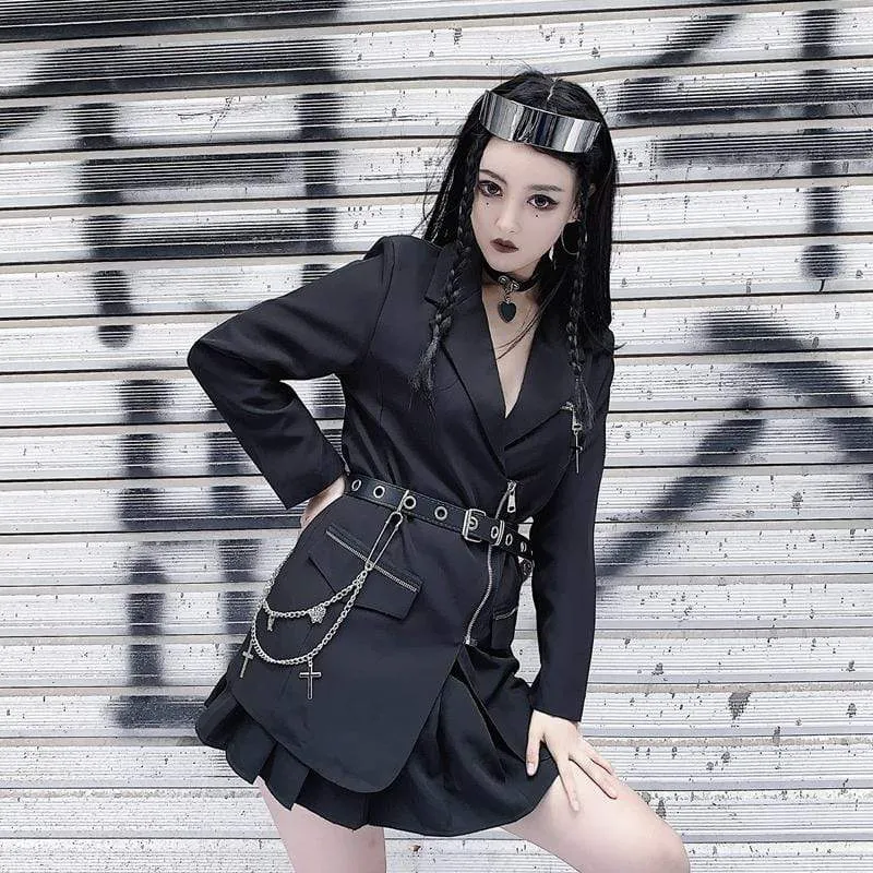 Women's Gothic Zipper Jacket with Chain Belt in Solid Color